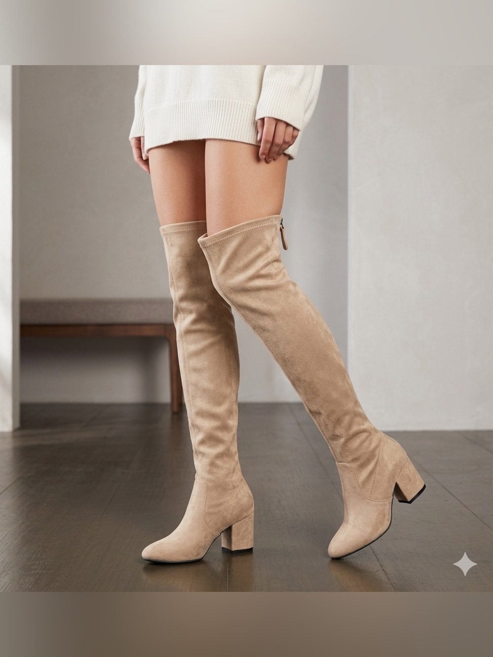 NNG Women’s Over-the-Knee Block Heel Boots in Tan Suede